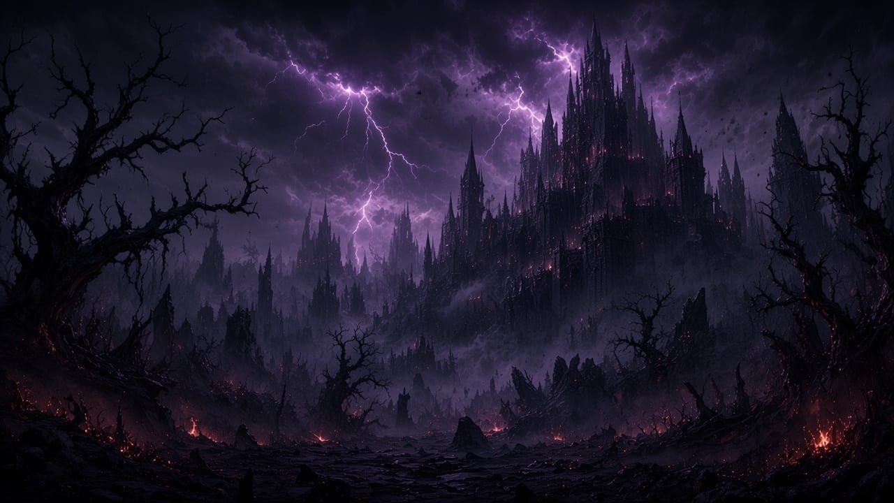 A black citadel under purple lightning