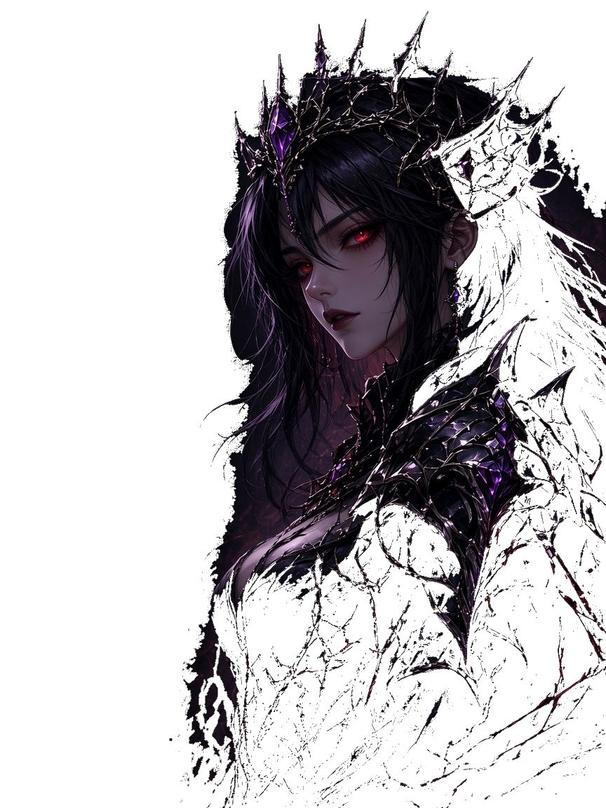 A pale queen in black armor, red eyes lit beneath a spiked crown